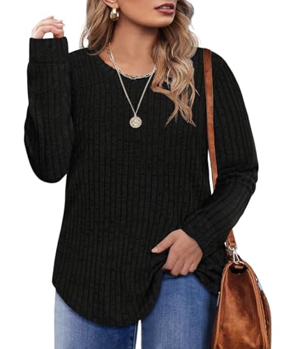 TIYOMI Women Plus Size Tops Long Sleeves 1X Round Neck Sweaters For Curvy Women Blouse Sweater Casual Outfits Fall Autumn Winter Spring Shirt Deep Grey XL