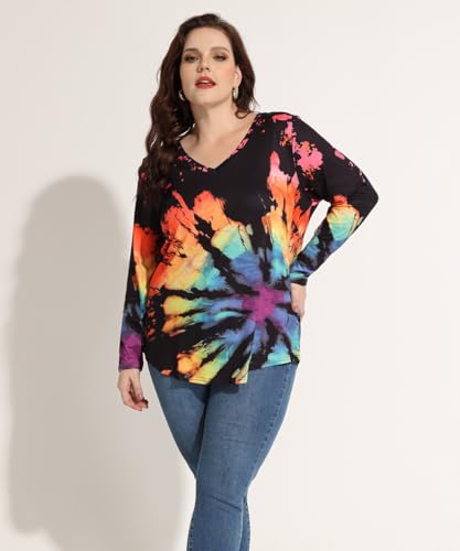 RITERA Plus Size Tshirt for Women Color Block Raglan Tunic Winter Long Sleeve Tops Oversized Halloween Bat Henley Shirt Loose Fit Pullover Sweatshirt V Neck with Ring Hole Shirts 1X 1Xl 14W 16W