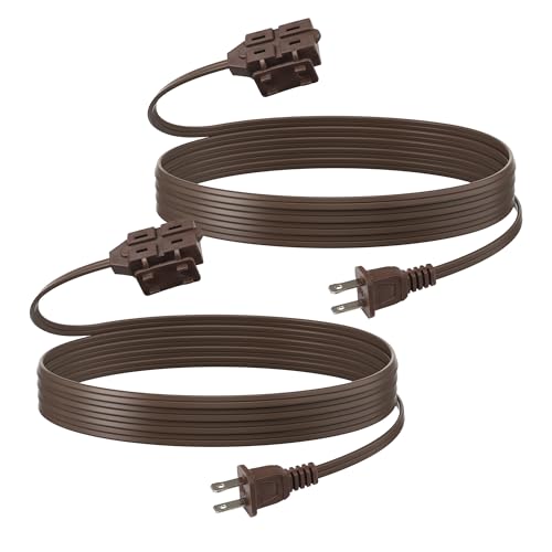 BN-LINK 6ft Indoor Extension Cord, 2 Pack, 3-Outlet Polarized Flat Cable, Household Power Cord for Home, Office, and Holiday Decorations, Brown