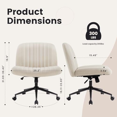 IWMH Armless Wide Seat Office Chair, Criss Cross Legged Desk Chair with Wheels, Height Adjustable Computer Task Chair,Wide Seat Swivel Vanity Chair for Home,Office,Bedroom, Make Up, Small Space,Beige