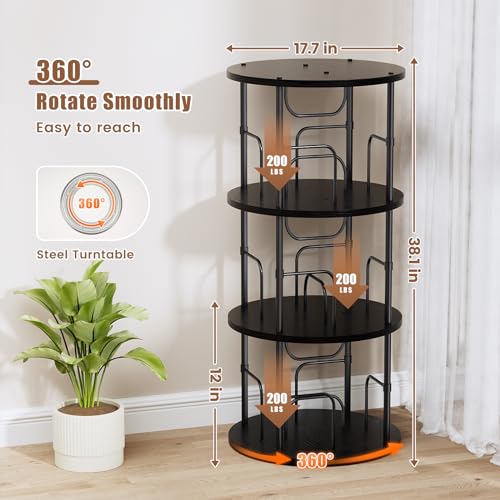 Rotating Bookshelf, 3 Tier Round Revolving Bookcase with Special Visible Partition Storage, 360° Display Spinning Bookshelf Tower Storage Organizer Rack for Bedroom, Living Room, Small Space, Black
