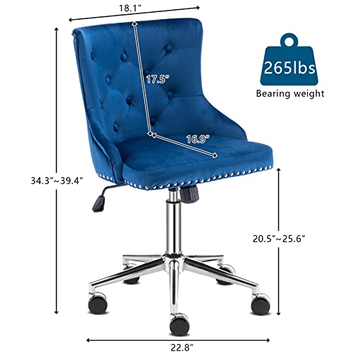 VINGLI Navy Blue Velvet Armless Home Office Desk Chair with Gold Base/Wheels, Cute Vanity/Makeup Chair with Back for Bedroom, Upholstered Adjustable Rolling Swivel Nail Chair for Women/Girls