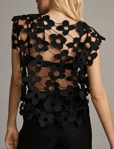 Yimoon Women's Hollow Out Floral Lace Vest Sleeveless Crewneck Cover Up Summer Going Out Tops(01Black-S)