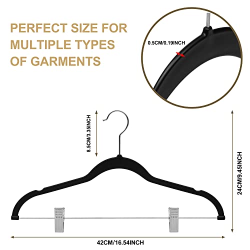 Quality Plastic 20-Pack - Non Velvet Non-Flocked Thin Compact Coat Hangers with Metal Clips for Skirts Pants Blouses - 360° Swivel Hook (Black, 20)
