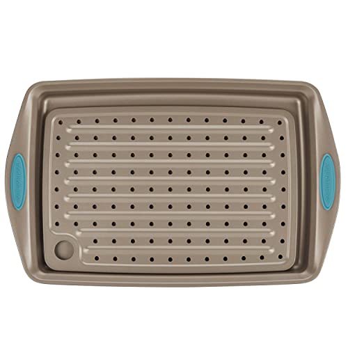 Rachael Ray Cucina Nonstick Bakeware Set with Grips, Nonstick Cookie Sheet / Baking Sheet and Crisper Pan - 2 Piece, Latte Brown with Agave Blue Handle Grips