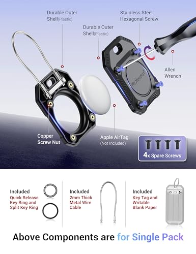 PROfezzion 1 Pack 2-in-1 Secure AirTag Holder Hard Shell Case with Key Rings, Key Tag, Metal Wire Cable, Allen Wrench and Spare Screws for Keychain, Dog Collar, Luggage Bag, Backpack & More - Black