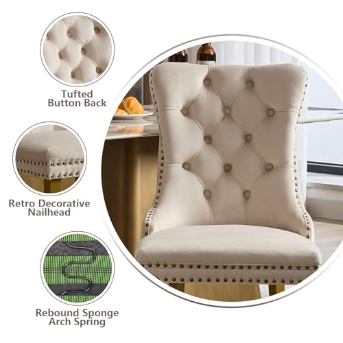Upholstered Dining Chairs Set of 2, Velvet Dining Room Chairs with Back Ring Pull Trim and Solid Wood Legs, Tufted Wingback Kitchen Chair Perfect for Dining Room,Living Room,Kitchen(Blue)