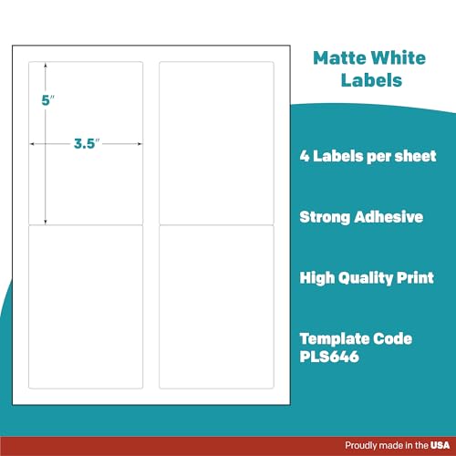 Premium Label Supply White Sticker Mailing/Shipping Labels – 3.5" x 5" – Laser/Inkjet Compatible – (4 per Sheet), 25 Sheets - 100 Total Adhesive Labels