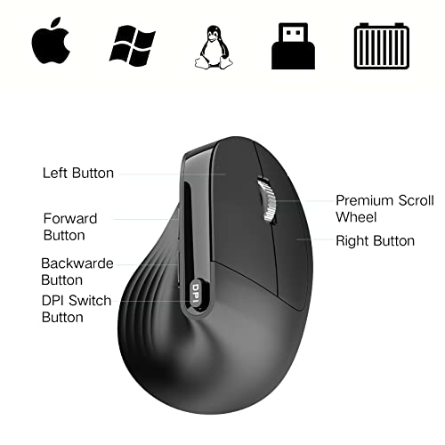 PINKCAT Wireless Ergonomic Mouse, 2.4G Vertical Mouse, USB C Rechargeable, Silent LED Advanced Ergo Mouse, 3 Adjustable DPI Optical Mouse for Laptop, PC, Desktop, Mac, Black