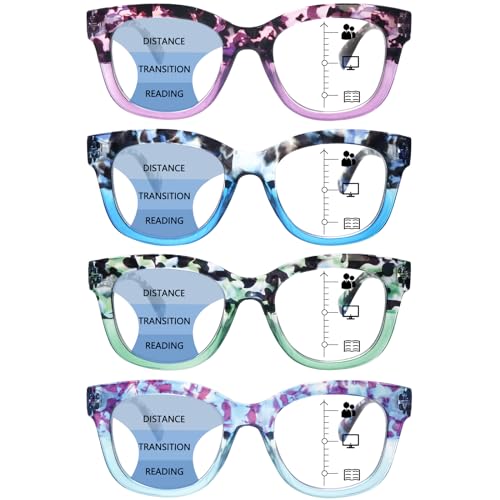 fadbon 4 Pack Progressive Multifocus Reading Glasses for Women Blue Light Blocking Multifocal Readers with Spring Hinge (Mix Color, 1.00, x)