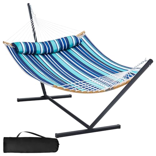 Touchat Double Hammock with Stand Heavy Duty, 480 LB Capacity Two Person Portable Hammock with Pillow, Curved-Bar, Portable Storage Bag, Anti-Rollover Design for Outside & Indoor