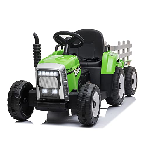 SEHOMY Kids Ride on Tractor with Trailer and 25W Dual Motors, 12V Battery Powered Electric Kids Car Vehicle Toys with Remote, 3-Gear-Shift, Music, LED Lights,USB, Power Wheels for Boys Green