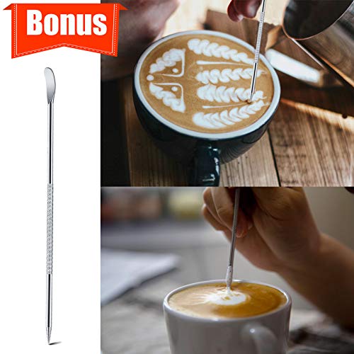 Milk Frothing Pitcher, 12oz Espresso Steaming Pitchers Stainless Steel Cappuccino Coffee Machine Accessories Barista Tools Steam Froth Pitchers Milk Jug Cup with Decorating Pen Latte Art, Blue
