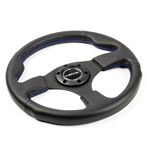 NRG Innovations NRG-RST-012R-BL Reinforced Steering Wheel - Leather Wrap Steering Wheel 320mm with Blue Stitch, Thumb Grip 3 Spoke Style