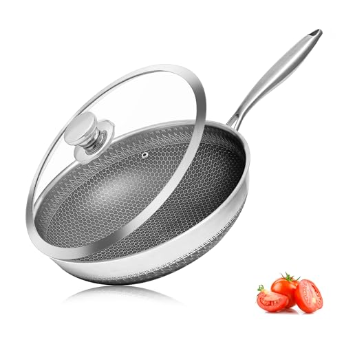 Vinchef Stainless Steel Wok Pan with Glass Lid 12 Inch, Honeycomb Nonstick Stir Frying Pan Induction Compatible and Dish Washer Safe