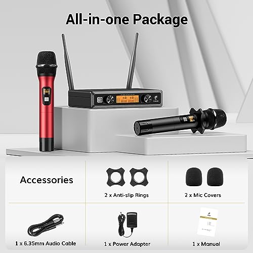 TONOR Wireless Microphone System, Professional Metal Cordless Karaoke Microphones, Handheld Dynamic Mic Set with Receiver for Party, Meeting, KTV, Church, DJ, Wedding, Singing, 200ft, TW820 Black