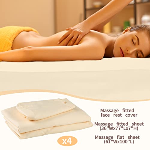 Oudain 4 Sets 3 Piece Soft Microfiber Massage Table Sheets Set Bulk Includes Massage Flat Sheet and Fitted Sheet and Face Rest Cover(Beige)
