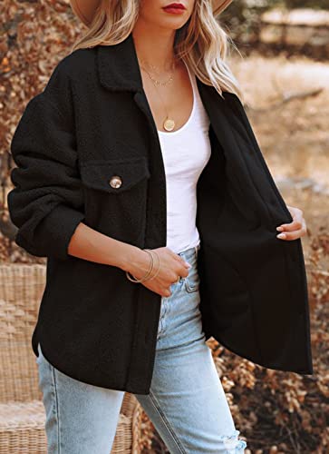 Nirovien Womens Oversized Fleece Jakcets Button Down Sherpa Shacket Fuzzy Coats Casual Warm Teddy Outwear with Pockets(Black,S)
