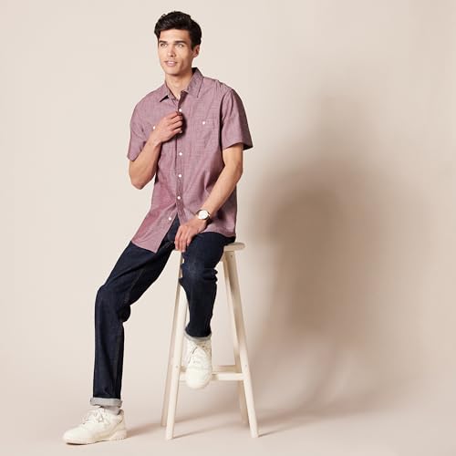 Amazon Essentials Men's Short-Sleeve Chambray Shirt, Burgundy, X-Small