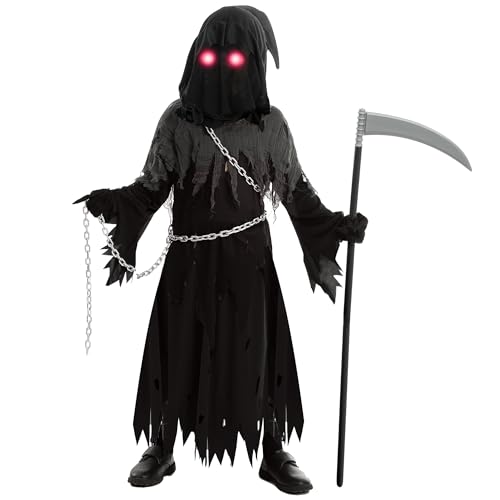 Spooktacular Creations Glowing Eyes Grim Reaper Costume for Kids, Halloween Costume for Boys, Phantom Costume-S(5-7yr)
