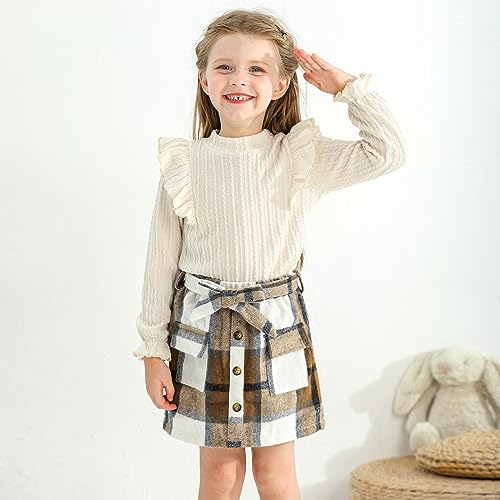 Weixinbuy Kid Toddler Girl Clothes Fall Winter Outfits Solid Long Sleeve Ribbed T-Shirt Knit Tops Plaid Button Mini Skirts Set Outfits 6-7 years old