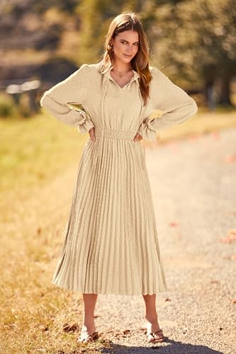 PRETTYGARDEN Spring Fall Dress for Women Elegant Long Sleeve Pom Pom V Neck Pleated Midi Flowy Dresses (Light Green,Medium)