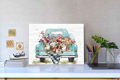 LAIART Old Truck with Flowers Farmhouse Rustic Style Decor Canvas Print Wall Art Bathroom Picture