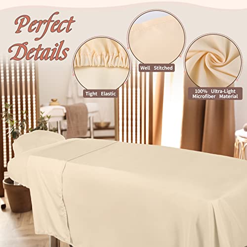 Oudain 4 Sets 3 Piece Soft Microfiber Massage Table Sheets Set Bulk Includes Massage Flat Sheet and Fitted Sheet and Face Rest Cover(Beige)
