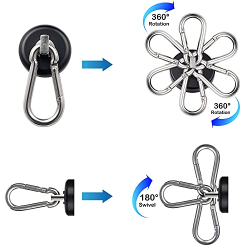 WELLZEER Magnetic Hooks 100lbs Black Magnet Hooks with Swiveling Carabiner for Hanging Refrigerator Strong Large Neodymium Magnet (100LBS-2PACK-BLACK)