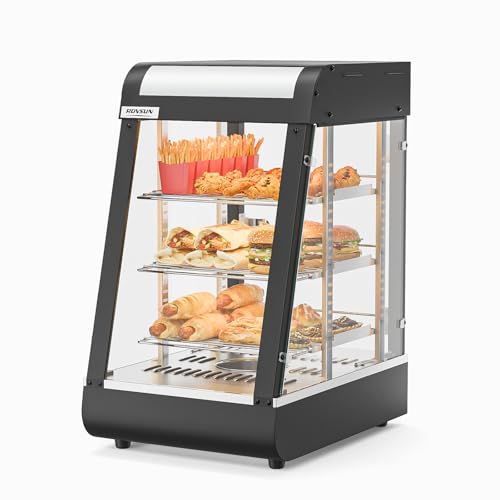 ROVSUN 15" Commercial Food Warmer Display Pizza Warmer, 3-Tier Electric Countertop Food Warmer w/LED Lighting Adjustable Removable Shelves Glass Door, Pastry Display Case for Buffet Restaurant, 1000W
