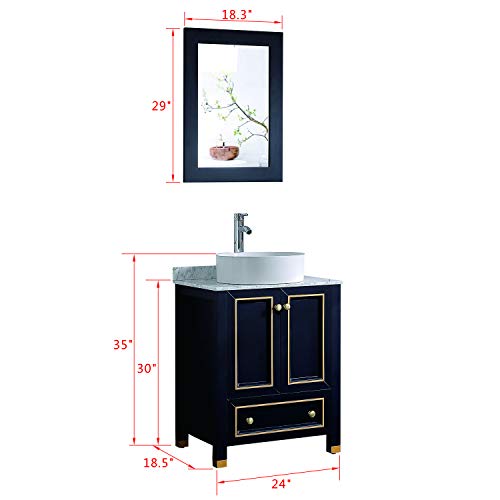 Homecart 24 inch Black Bathroom Vanity Sink Combo Modern Painted Bathroom Vanity Cabinet with Marble Countertop, Round Sink, Pop Up Drain, Mirror, Solid Wood