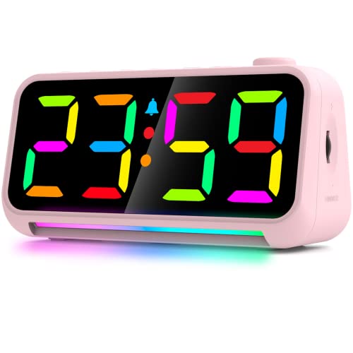 Digital Alarm Clock with LED Large Display USB Charger Port RGB Night Light - Small Desk Clocks for Kids Bedroom Decor Pink