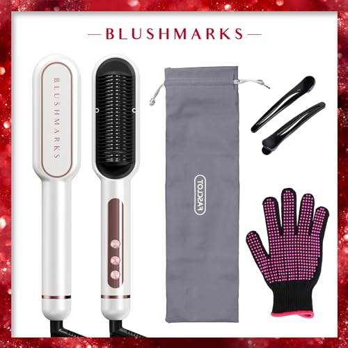 Hair Straightener Brush Ionic Straightening Comb BLUSHMARKS Nano Titanium 30s Fast Heating & Anti-Scald 9 Temp Settings LED Display Professional Salon Hair Styling Tools for Gifts Women