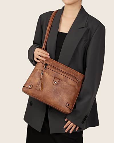 FADEON Large Crossbody Bags Purses for Women Crossbody Bag, Designer Leather Cross Body Purse Multi Pocket Shoulder Bag Brown