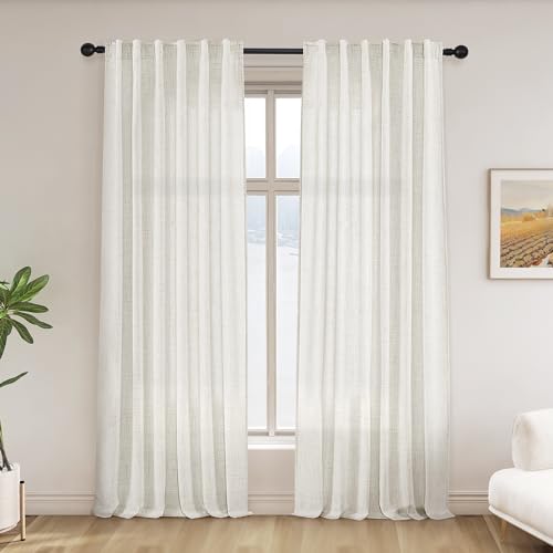Belinna Ivory Linen Curtains 84 Inch Long Back Tab Semi Sheer Curtains for Living Room 7 Ft Light Filtering Rod Pocket Neutral Boho Cream Off White Window Curtain Drapes 84 Length 2 Panels Set