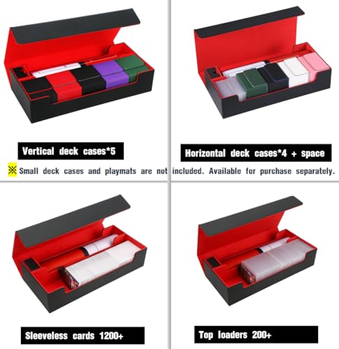 MTG Deck Box With Dice tray and playmat case and 3 card stoppers,Large Card Deck Box Fits 820+ Double Sleeved Cards or 200 toploaders,TCG Card Storage Box 5 in 1(Black&Red)
