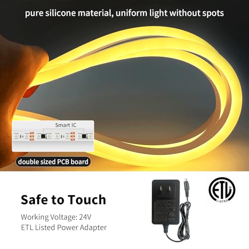 Ustarus Neon LED Strip Lights White Dimmable 20ft 24V 2700K-6500K, Rope Tape Light IP65 Waterproof with Remote, LED Ribbon for Kitchen Under Cabinet Bedroom Mirror Indoor Daylight Warm White