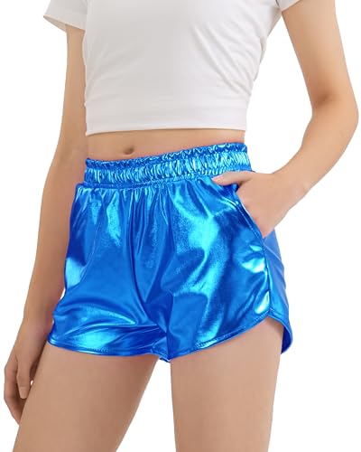 KEREDA Girls Metallic Shorts Sparkly Dance Outfits Shiny Costume for Girls 6-7Y Blue