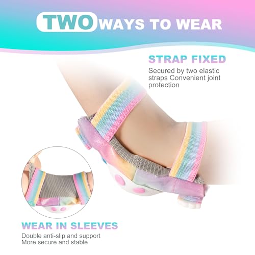 SULIFEEL Rainbow Unicorn Knee Pads for Kids Knee Elbow Pads Wrist Guards with Drawstring Bag Adjustable Protective Gear Set for Girls Roller Skating Bike Cycling Skateboard Scooter Dazzling Small