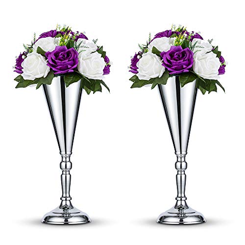 2 Pcs/ Set Tabletop Silver Metal Wedding Flower Trumpet Vase Table Decorative Centerpiece Artificial Flower Arrangements for Anniversary Ceremony Party Birthday Event Aisle Home Decoration