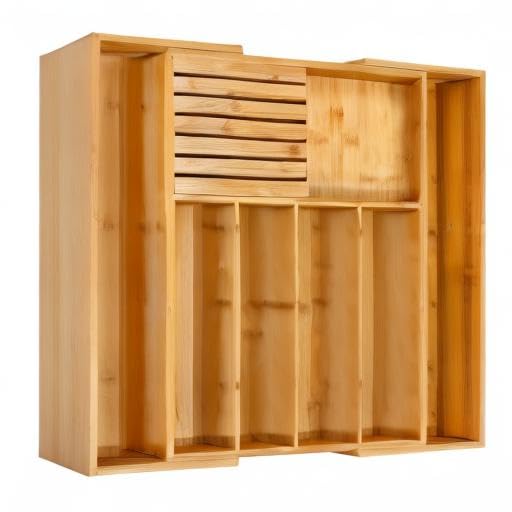 VaeFae Bamboo Silverware Drawer Organizer Kitchen, Expandable Utensil Organizer with Knife Block, Cutlery Tray with Divider, Multifunctional Drawer Organizer