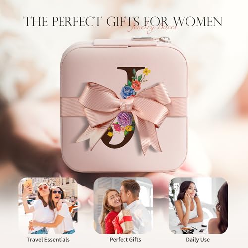 Sepaumo Initial Travel Jewelry Case, Small Travel Jewelry Organizer Box for Women Girls, Personalized Graduation Birthday Gifts for Her Mom Kids Necklace Earring Ring Organizer (V, pink)