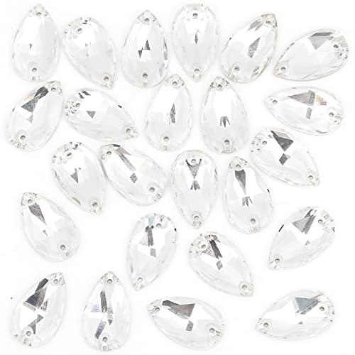 Sew On Rhinestones White Teardrop Flatback Glass Crystal Rhinestones with 2 Holes for Clothes Crafts Dress,Costume,Garments,24pcs