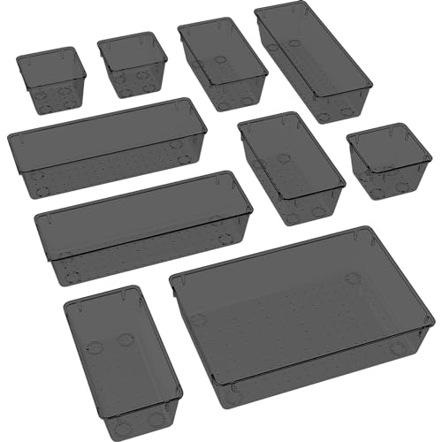 StorMiracle 10 PCS Drawer Organizer Set, 4 Varied Size Bathroom and kitchen Drawer cabinet organizer Trays, Clear Storage Bins for Makeup, Jewelry, Utensils and Gadgets, Black