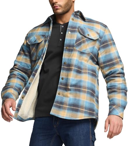 CQR Men's Plaid Flannel Shirt Jacket, Long Sleeve Soft Warm Wool/Sherpa Lined Jacket, Outdoor Button Up/Zip-Front Jacket, Stealth Amazon Grey, Small