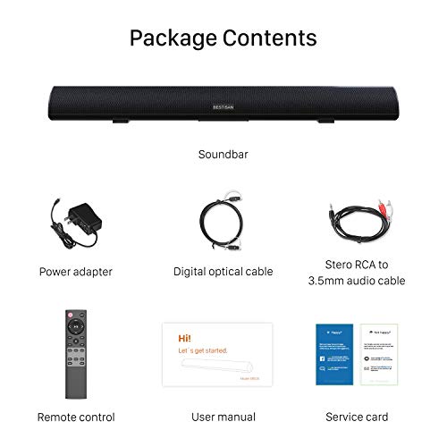 Sound bar, BESTISAN Soundbar Wired and Wireless Bluetooth 5.0 HDMI-ARC Speaker for TV (28 Inches, HDMI-ARC Connection, Optical Cable Included, DSP, Bass Adjustable, Wall Mountable)
