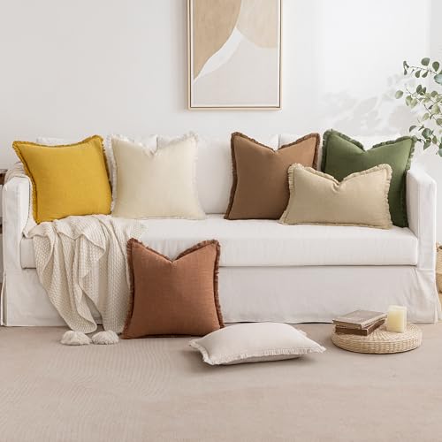 MIULEE Set of 2 Linen Throw Pillow Covers Decorative Christmas Pillow Covers Farmhouse Style Boho Cushion Covers Wine Red Pillow Covers with Fringe for Living Room 18x18 Inch
