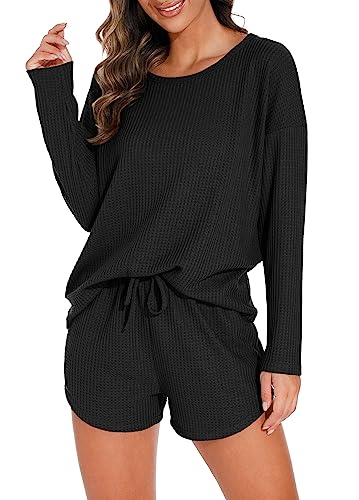 PrinStory Womens Waffle Knit Pajama Sets Long Sleeve Lounge Sets Loungewear Sweatsuit with Pockets Navy Blue