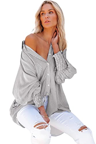 Women's Smocked Cuffed Striped Boyfriend Shirt Casual Collar Long Sleeve Button Down Blouse Tops with Pocket Shirred