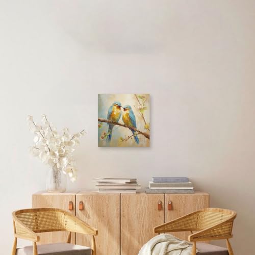 DOARTDO Bird Canvas Wall Art Blue Yellow Bird Painting Flower Bird on Tree Branch Picture Print for Living Room Home Decor Frame (Bird - 1,12.00" x 12.00")